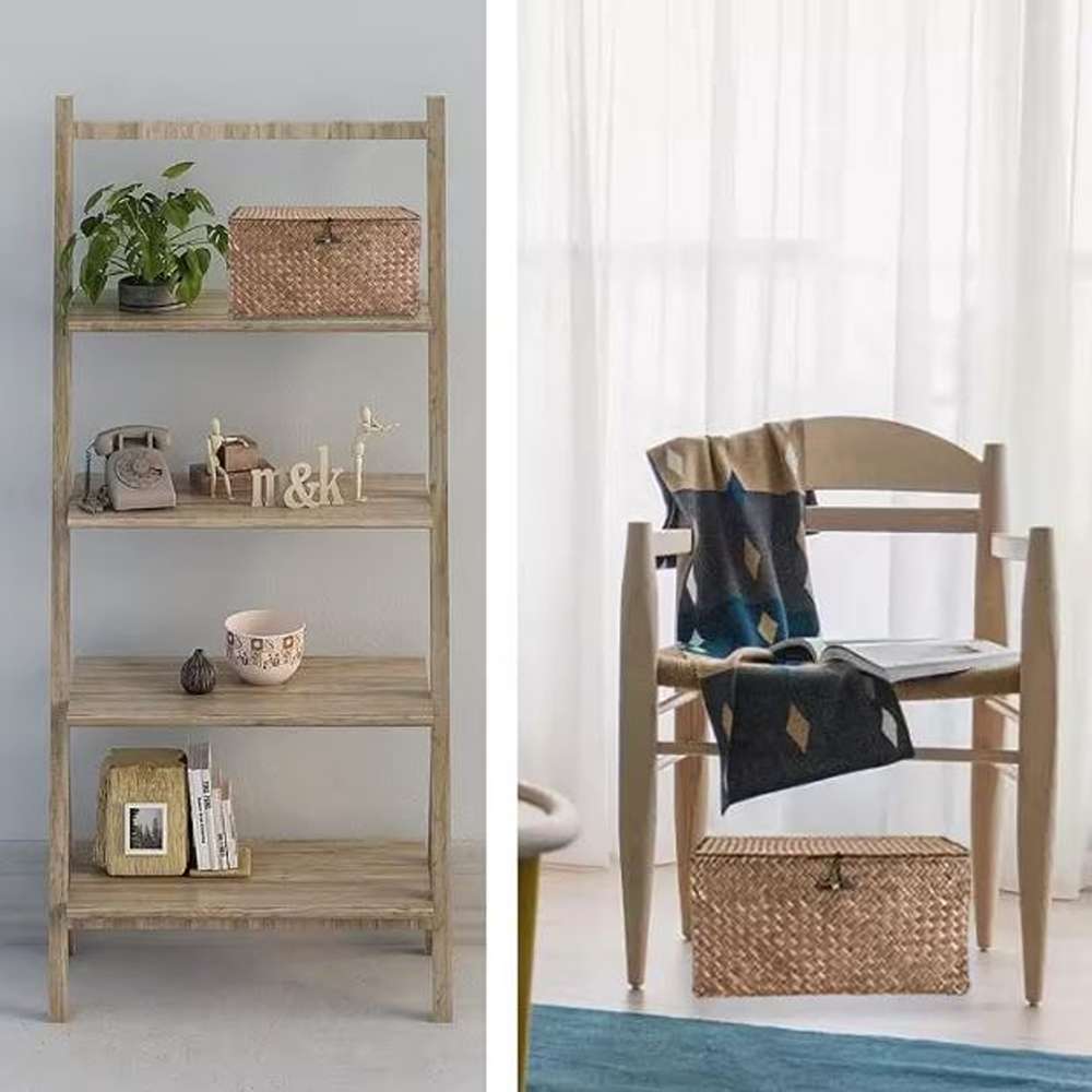 Wicker Shelf Baskets Bin with Lid, Handwoven Seagrass Rectangular Household Boxes for Wardrobe Home Organizer, Coffee